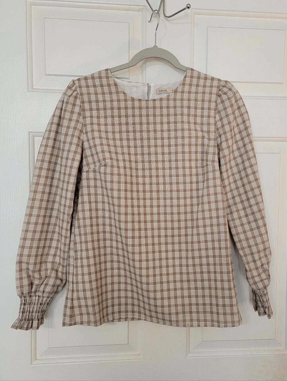 Women's Cotton Lined Brown Plaid Blouse With Long Sleeves
